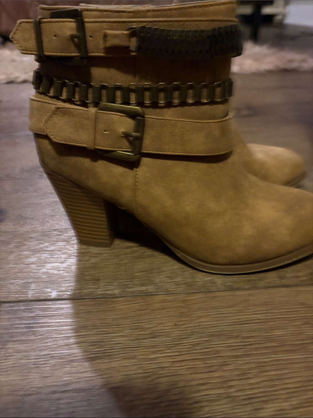 JustFab Tan Suede-Look Ankle Booties with Buckle Strap Detail